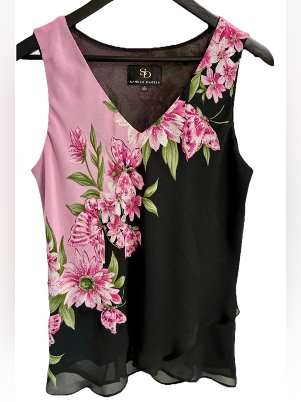 Sandra Darren Black Sheer Beaded Top Size 10 Pink Floral Sleeveless Lined